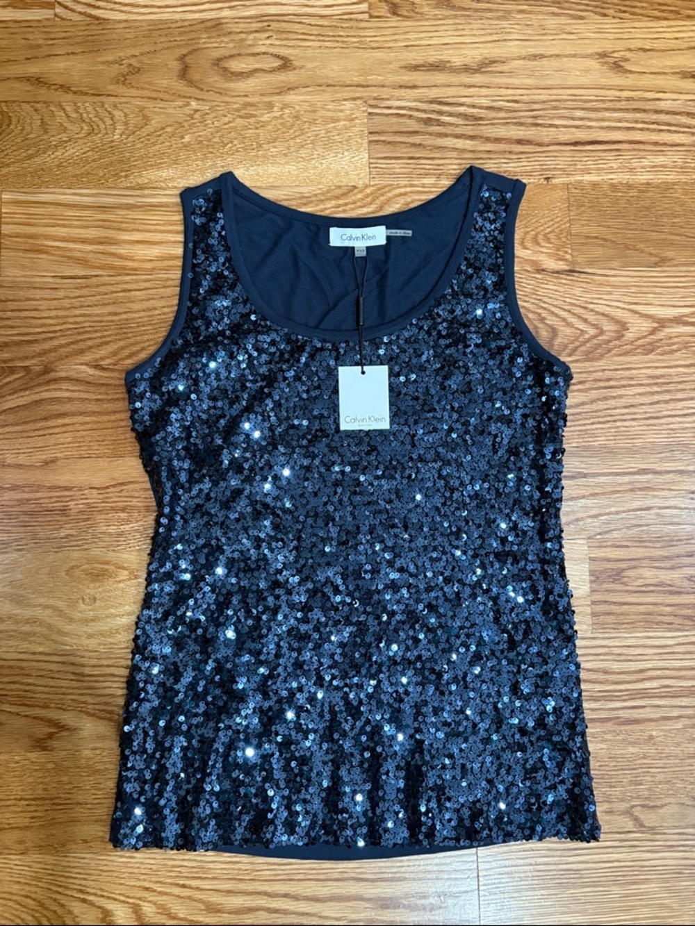 NWT Calvin Klein women’s petite navy blue Sequin Tank stretch Top solid back PXS